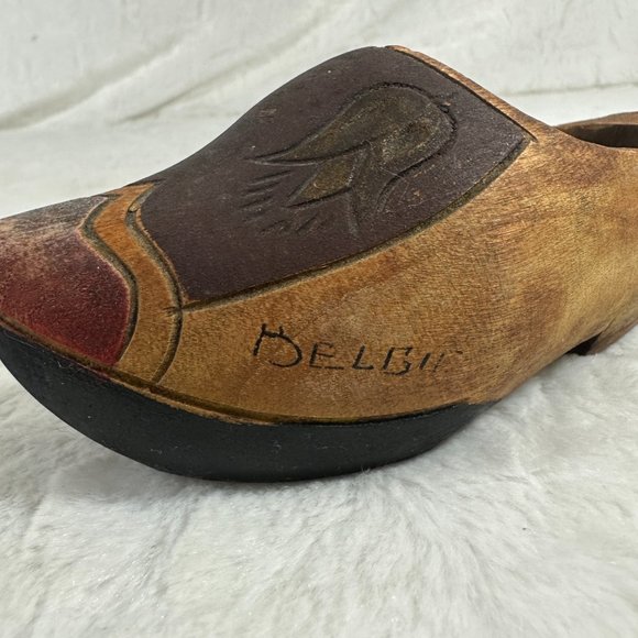 Vintage Dutch Wooden Shoe clog Hand painted carved Art Tulips - Picture 2 of 8